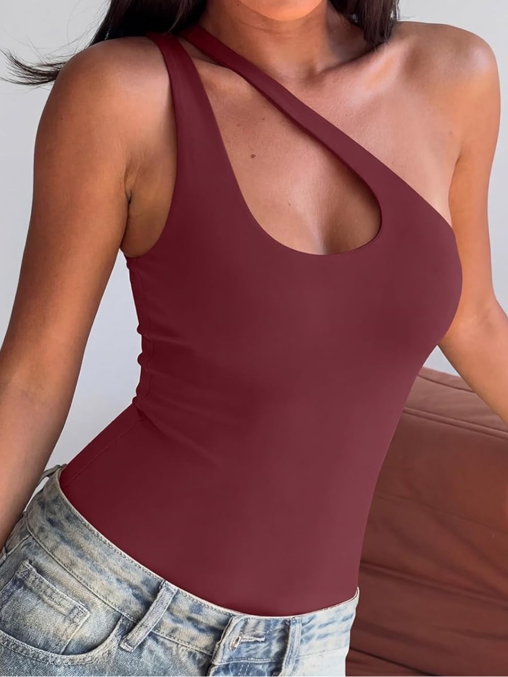 NWT One-Shoulder Bodysuit in Burgundy